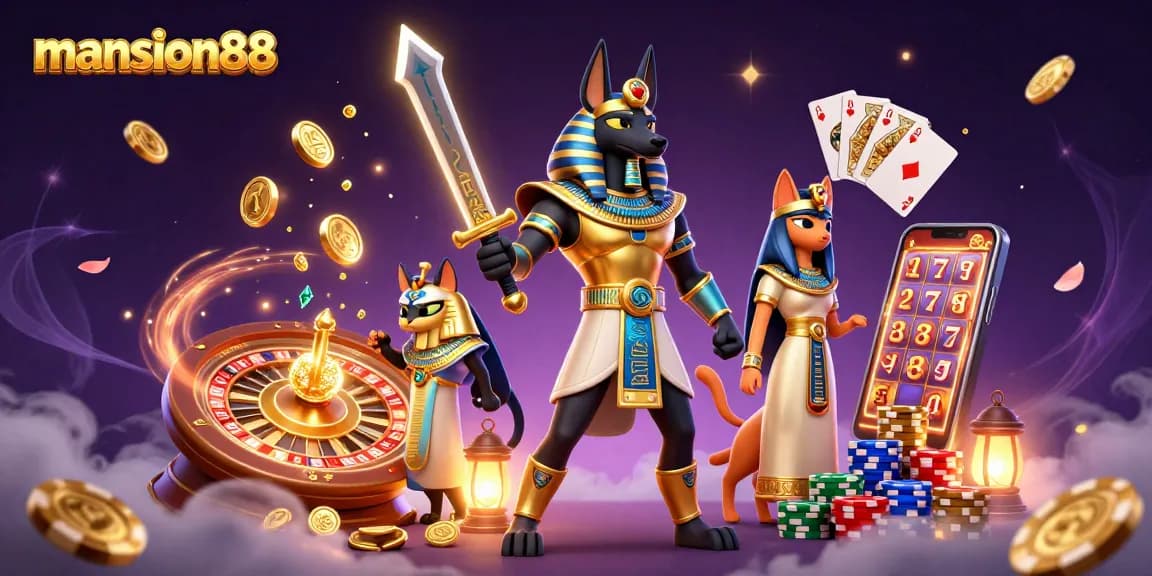mansion88 offers thrilling online gaming with Anubis and Bastet surrounded by treasures and excitement.