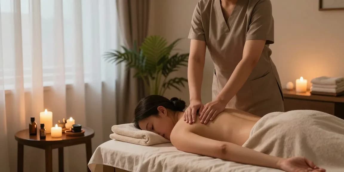 삼성동마사지에서 스웨디시 마사지 중인 모습, 아로마 오일과 촛불로 꾸며진 치유의 공간.