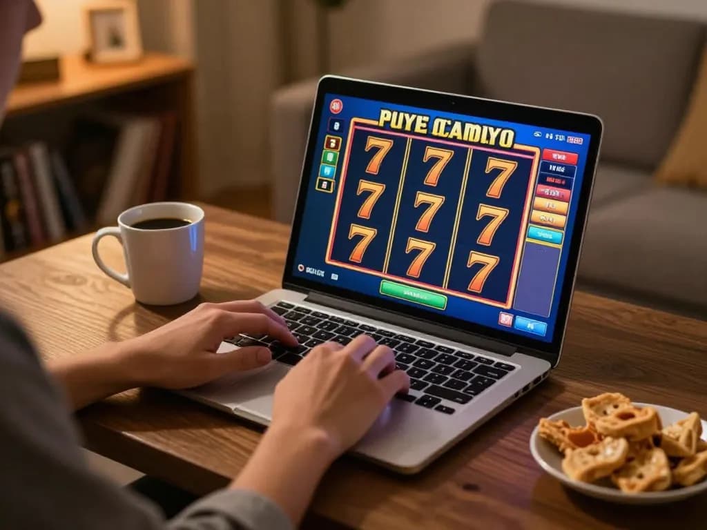 Player winning on slot77 game in a relaxed home gaming setup with snacks and cozy atmosphere.