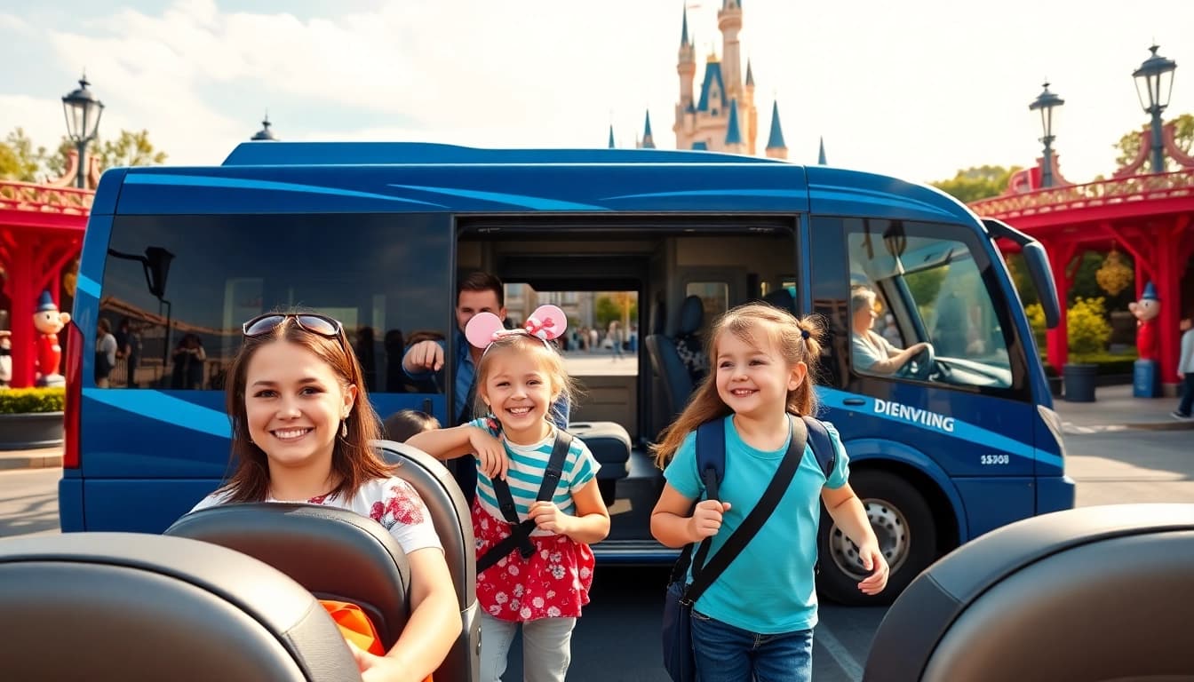 Transfer service for Beauvais Airport to Disney Transfer showcasing family-friendly shuttle with Disney in the background.