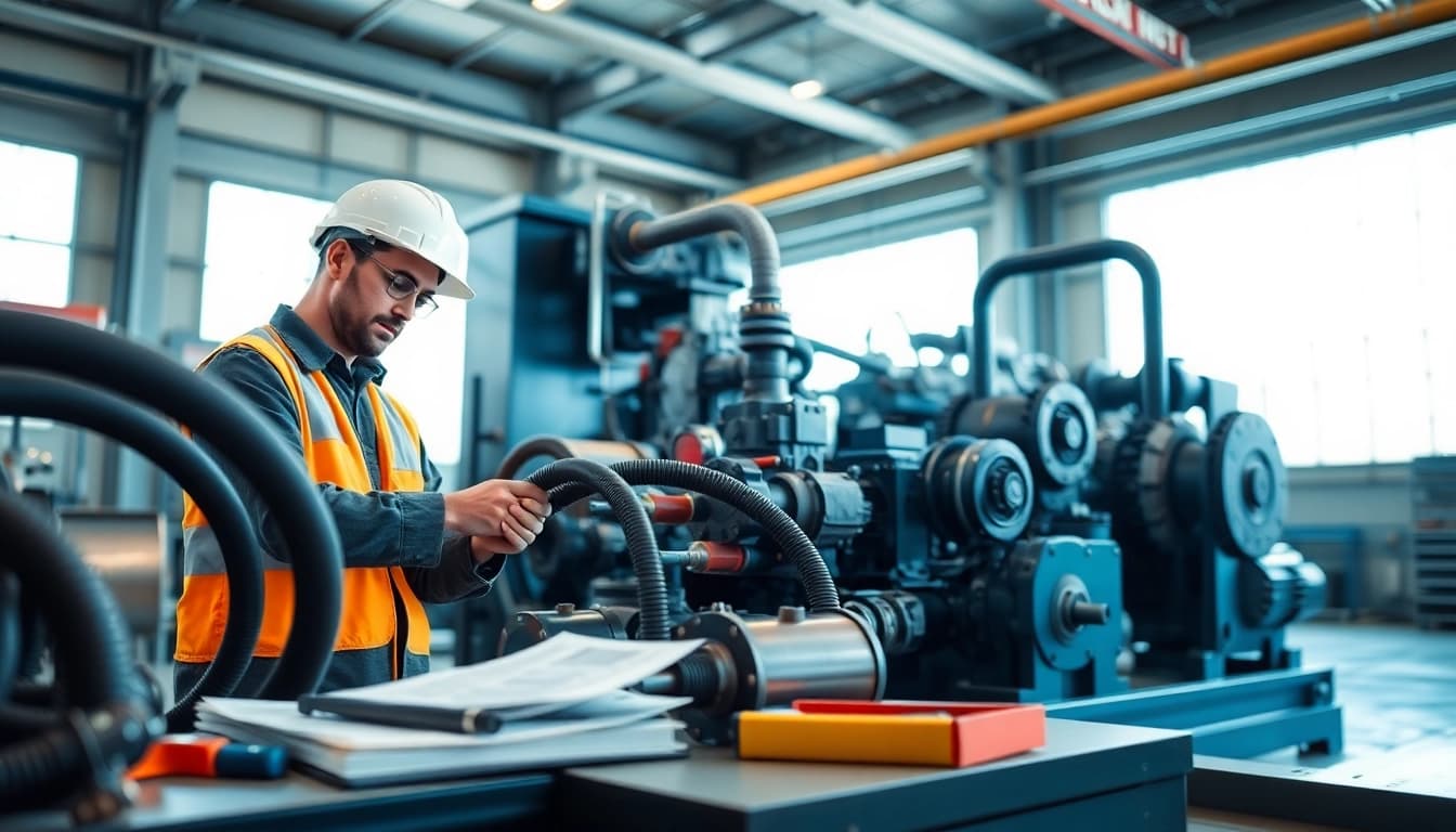 Conducting hydraulic system maintenance; technician inspecting hydraulic equipment meticulously.