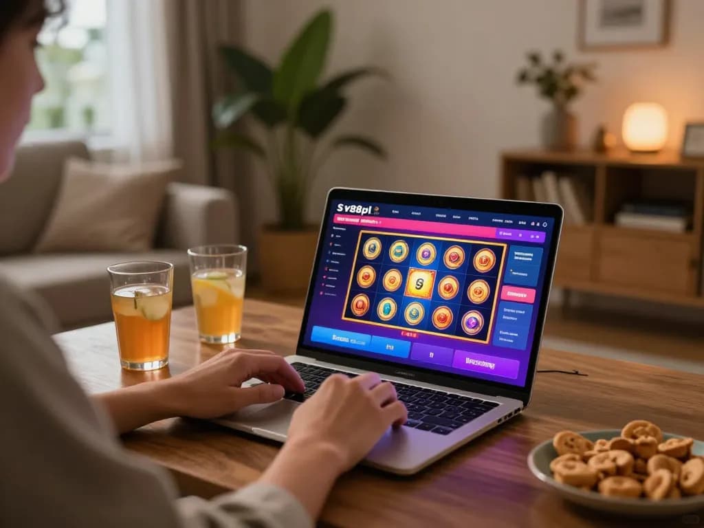 Person playing on sv88pl gaming app at home in a cozy setting with snacks and drinks.