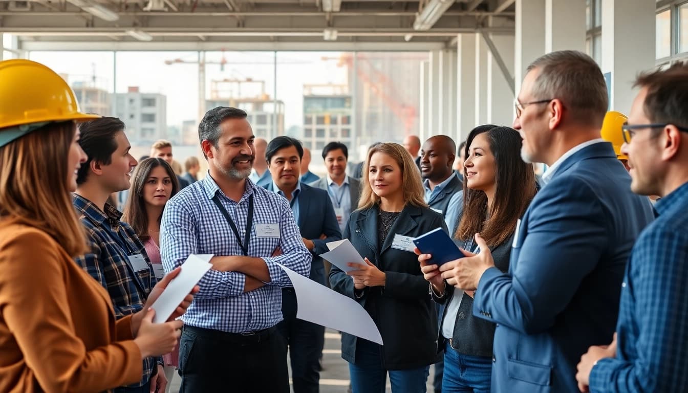 Engaged professionals at construction networking events discussing opportunities and ideas.