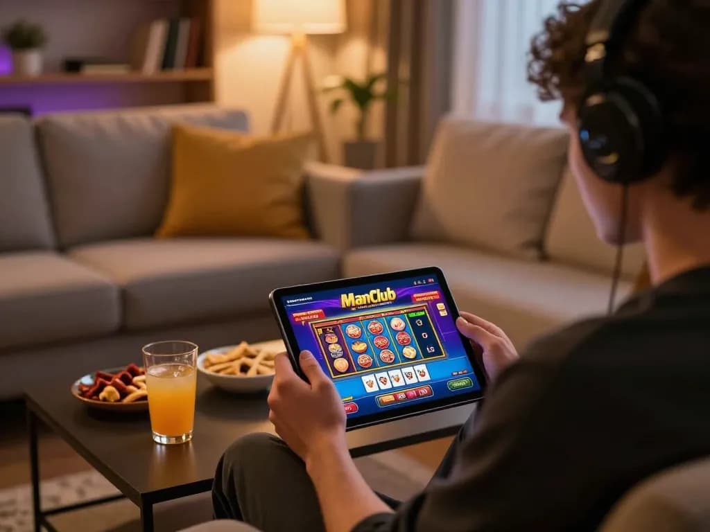 Person enjoying online gaming at Manclub on a tablet in a cozy living room.