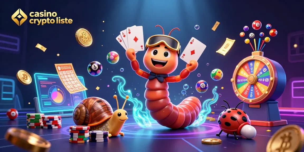 Illustration dynamique d'un casino crypto liste avec des personnages ludiques et des éléments de jeu captivants.