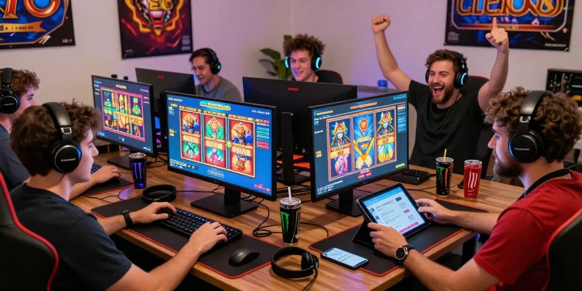 Engaging gaming scene showcasing players at home enjoying slot depo 1000 games with vibrant screens and lively atmosphere.