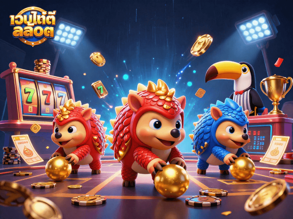 Spin and win big with เว็บไซต์สล็อต, showcasing rival pangolins in a vibrant casino illustration.