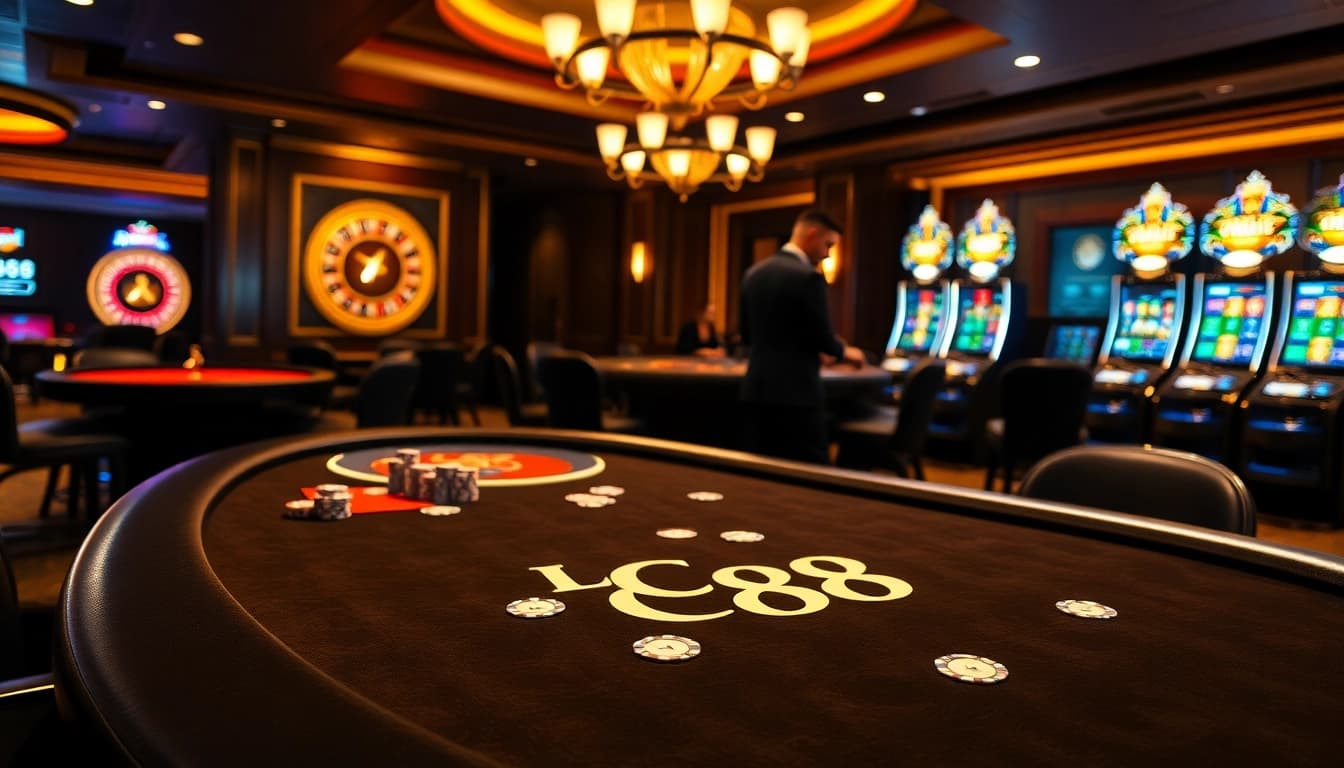 Engage at the LC88 poker table with vibrant chips and polished cards in a luxurious casino.