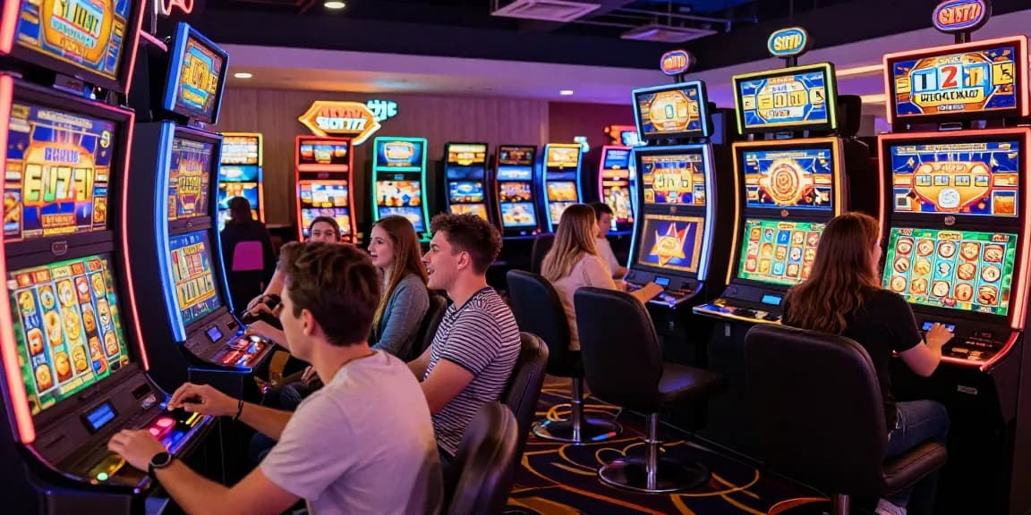 Group enjoying koitoto slot machines with vibrant casino lights