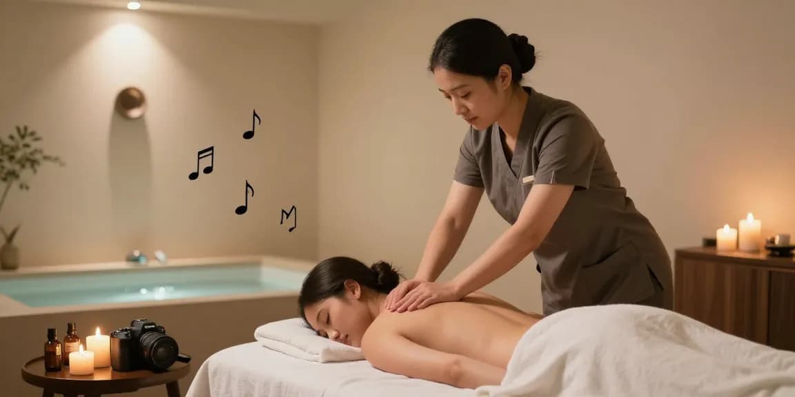역삼동마사지 중 고객을 위한 편안한 스웨디시 마사지 장면, 아로마 오일과 촛불이 주변에 배치된 고요한 마사지 룸