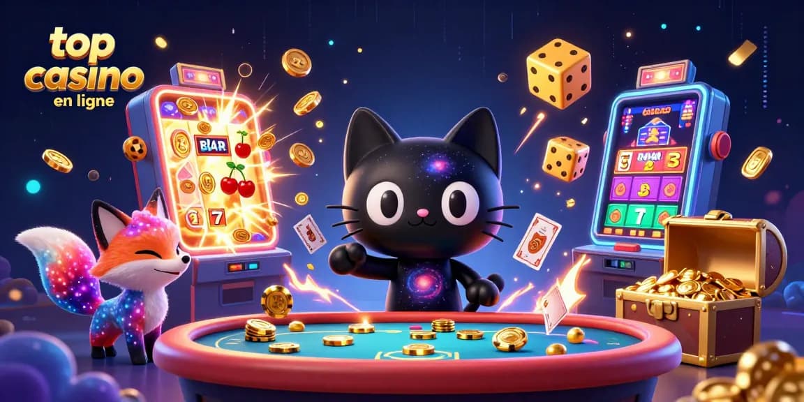 Jouer au top casino en ligne avec des personnages animés et des machines à sous colorées en arrière-plan.