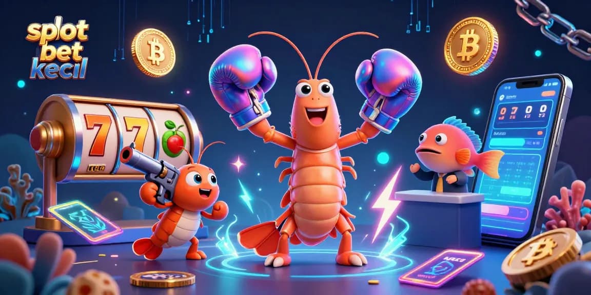 Engage with "slot bet kecil" through vibrant 3D illustration of excited shrimp characters amidst casino elements.