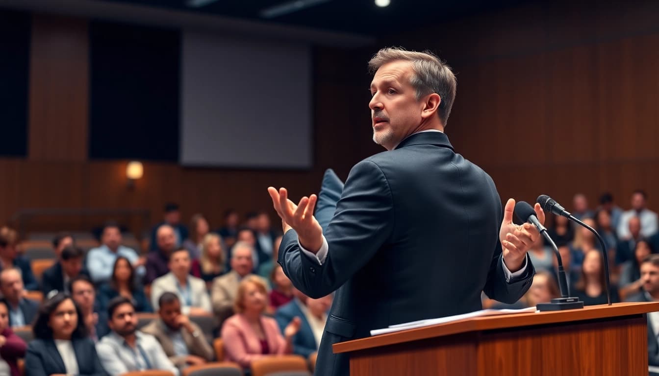Public Speaking Coach captivating an audience with engaging presentation style.