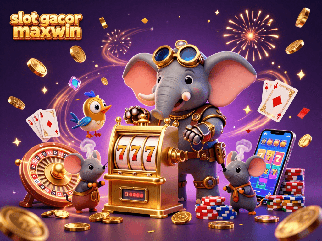 Slot gacor maxwin menampilkan gajah steampunk yang beroperasi mesin slot dengan permata dan koin bertebaran.