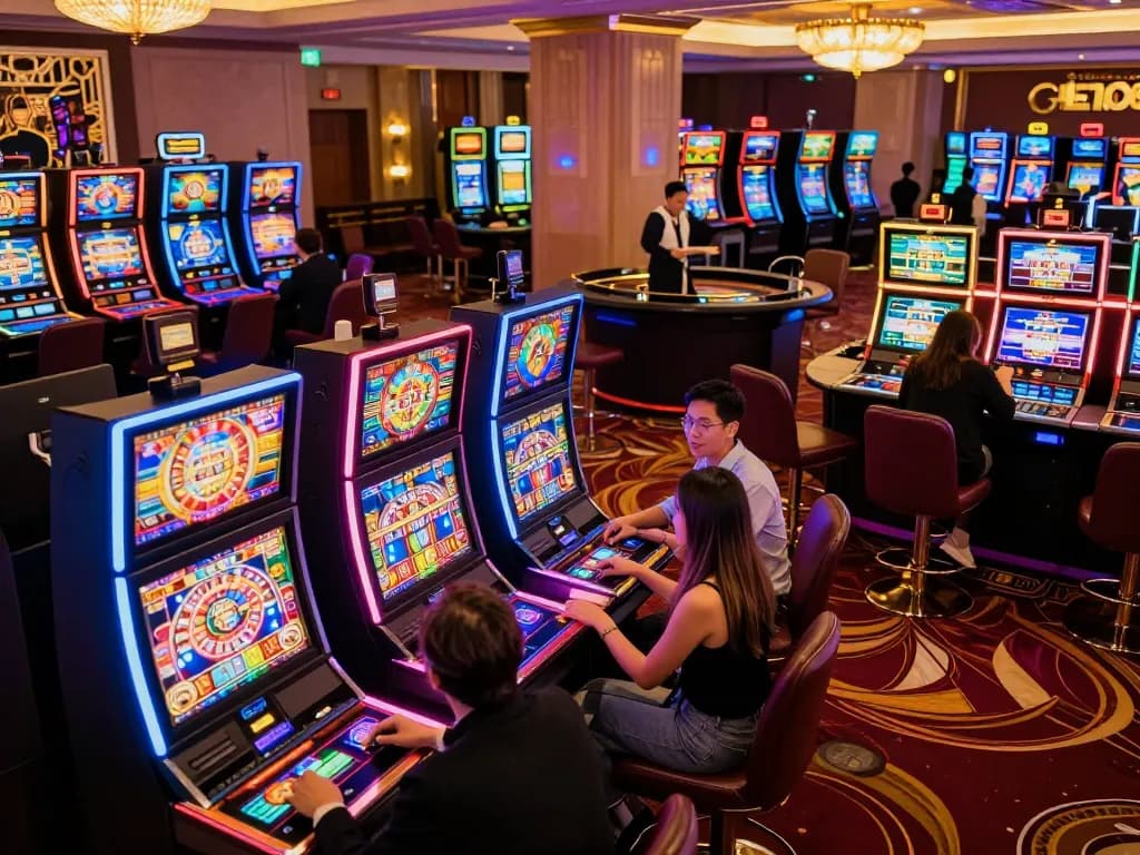 Engaging players on GEM88 slot machines in a vibrant casino atmosphere with neon lights.