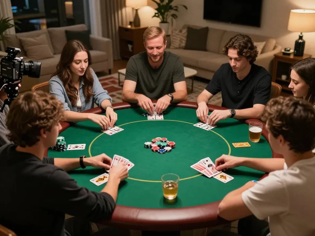 Players celebrate a hand while using a vipwin poker strategy at a lively home game night