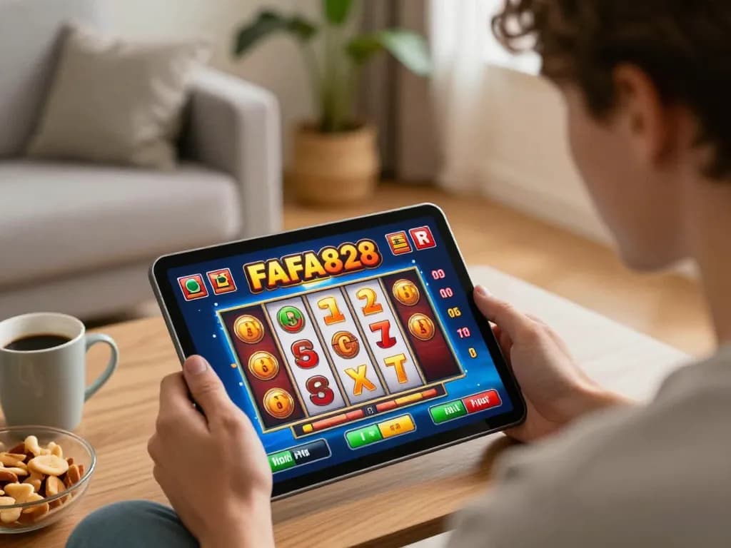 Player engaging with FAFA828's dynamic slot game on a tablet in a cozy living room setting