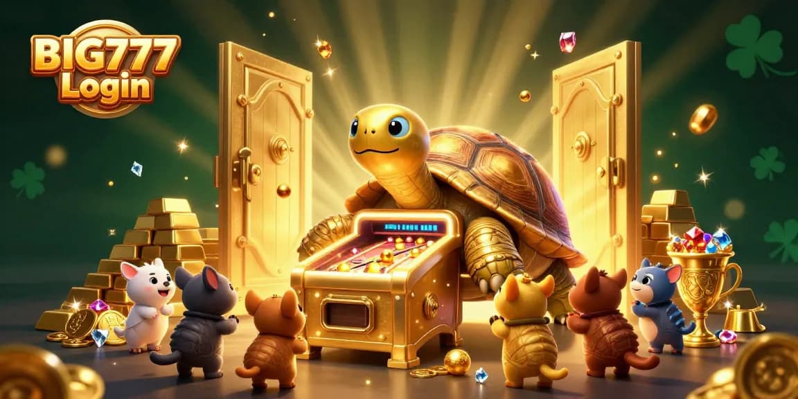 Permainan seru dengan Login BIG777 saat kura-kura emas ikonik dan hewan kecil menunggu untuk bermain.