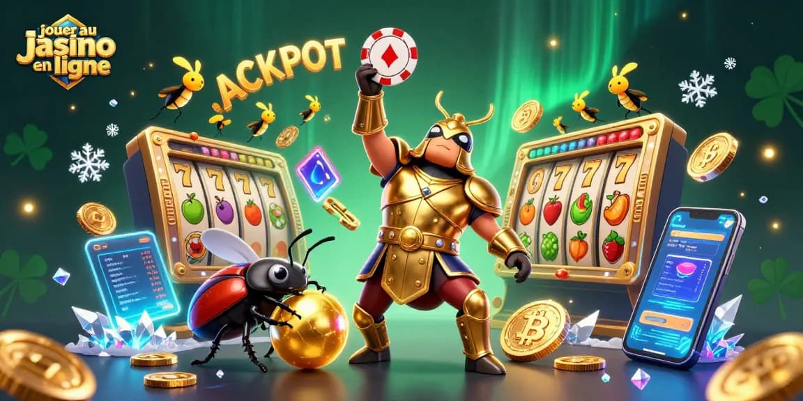 Jouer au casino en ligne avec une illustration dynamique d'un scarabée héros levant un jeton.