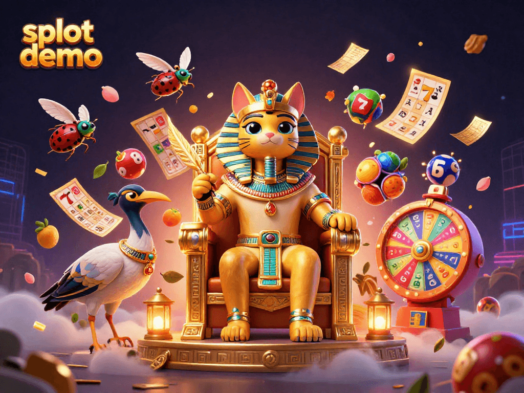 Menggandakan pengalaman bermain slot demo dengan ilustrasi kucing firaun bergaya 3D di atas singgasana emas dikelilingi elemen permainan kasino.