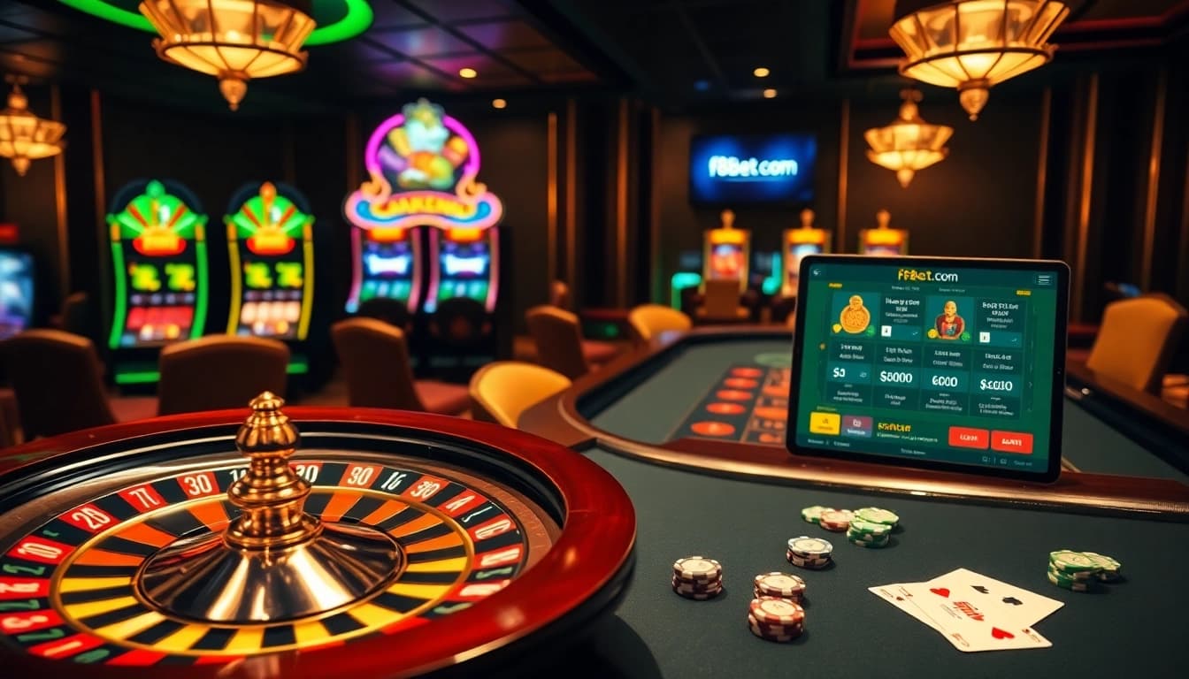 Experience thrilling online gaming at f8bet.com with vibrant casino tables and colorful slot machines.