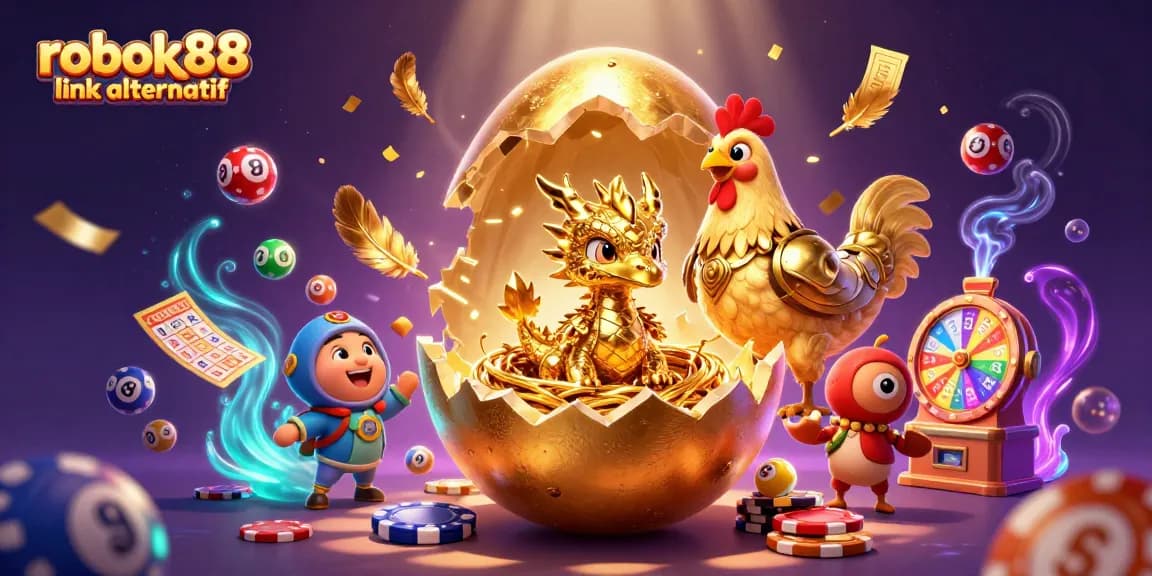 Experience the thrill of gambling with rokok88 link alternatif as a golden dragon emerges from an egg, surrounded by vibrant casino elements.