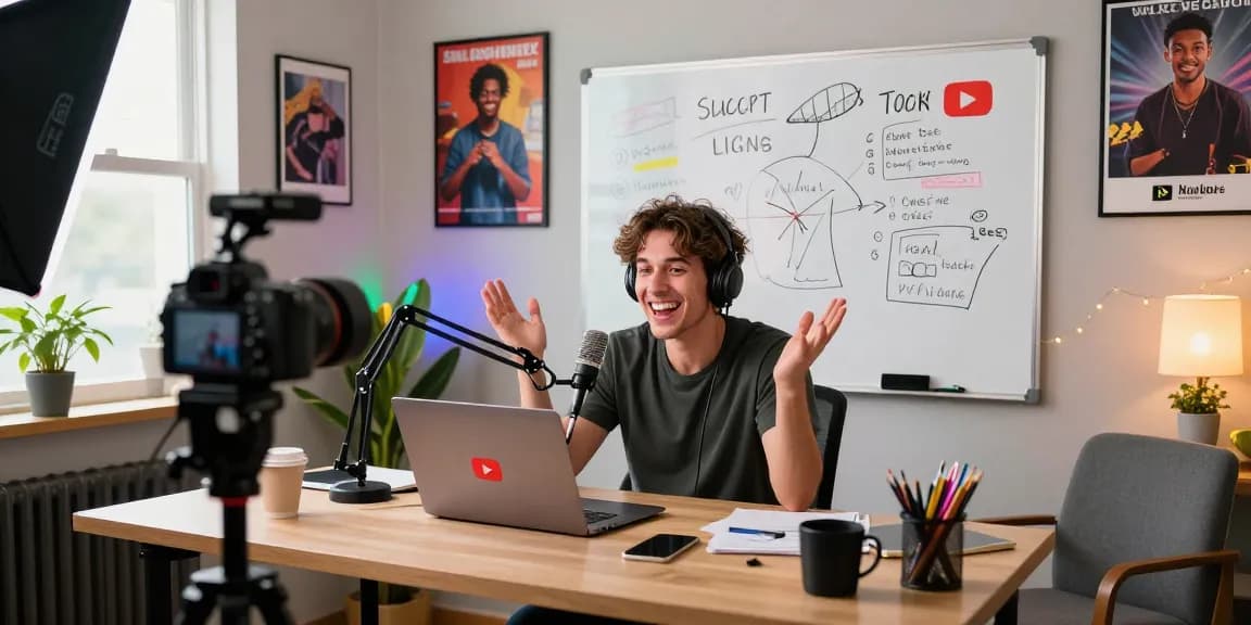 Increase your YouTube subscribers fast in a vibrant home studio with a content creator filming a tutorial.