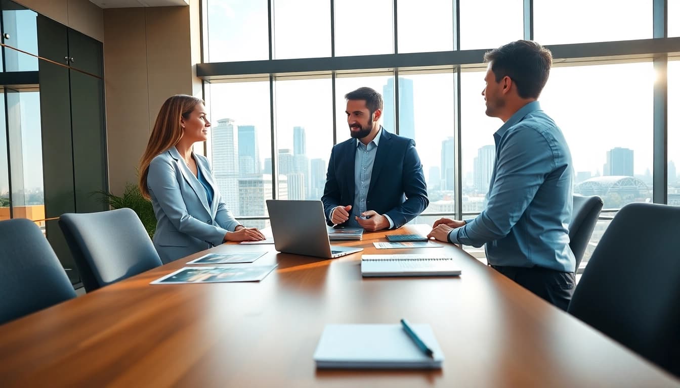Real Estate agents collaborating in a modern office environment with city skyline view.