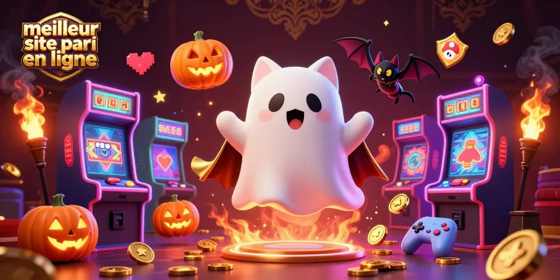 Jouez sur le meilleur site de pari en ligne avec notre illustration captivante d'un chat fantôme et un vampire dans un casino animé.