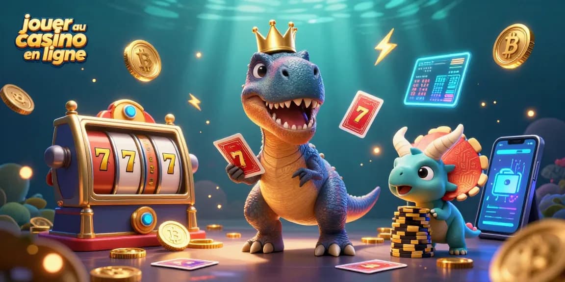 Jouer au casino en ligne avec T-Rex à cartes et un bébé triceratops empilant des jetons