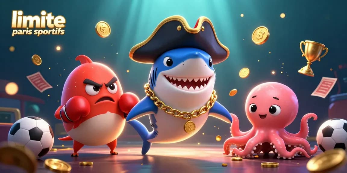 Un pirate caricatural souriant évoquant les limites de paris sportifs tout en tenant des pièces d'or avec des alliés marins, dans une scène animée.