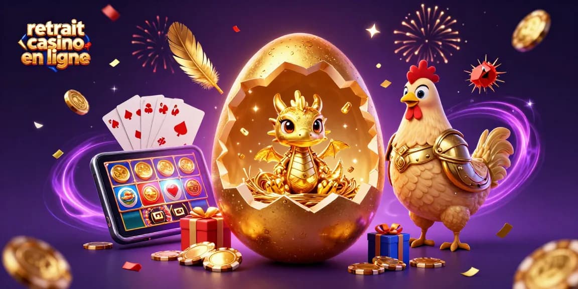 Retrait casino en ligne : illustrant un dragon doré entouré de jetons de poker et d'éléments de jeu dans une scène festive dynamique.
