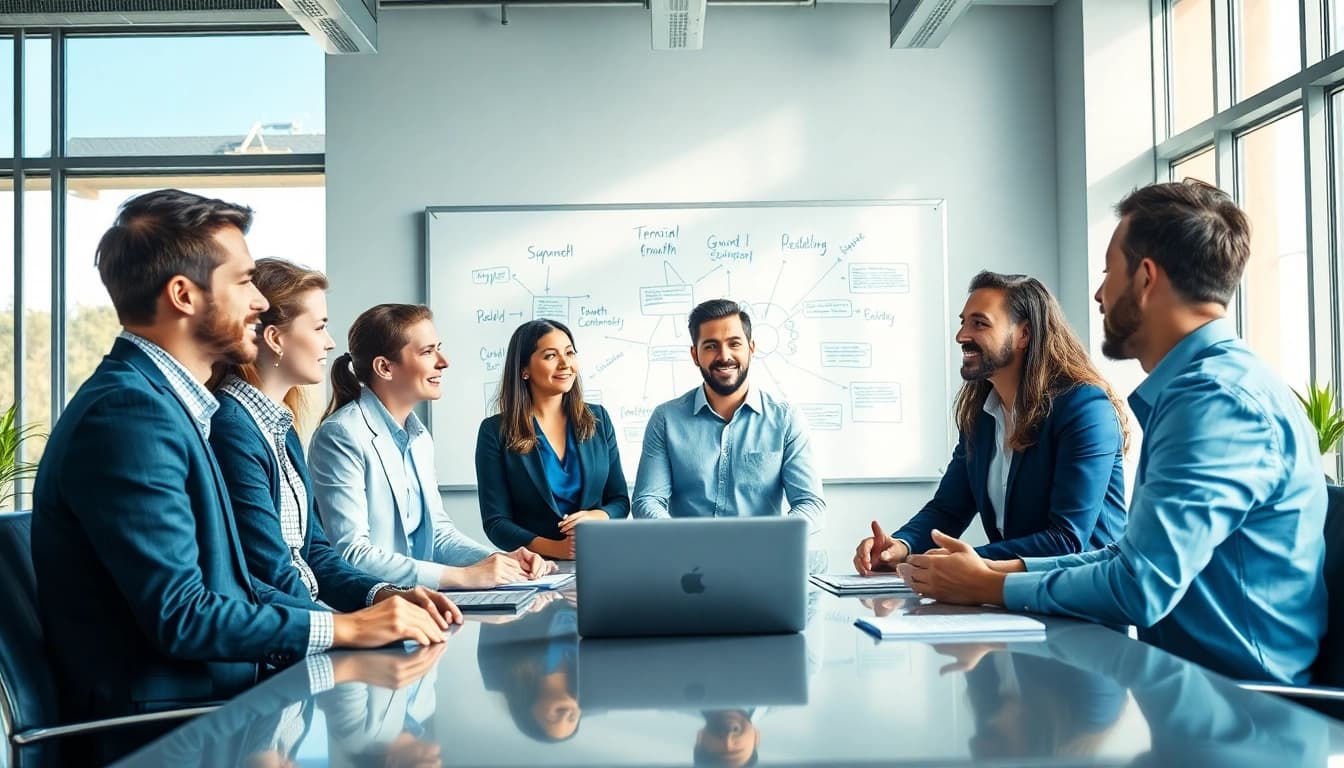 Discussing growth strategy trends among diverse business team in modern office.