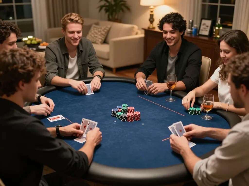 Players enjoying a vibrant home poker night, showcasing strategic gameplay with FC88 chips visible.