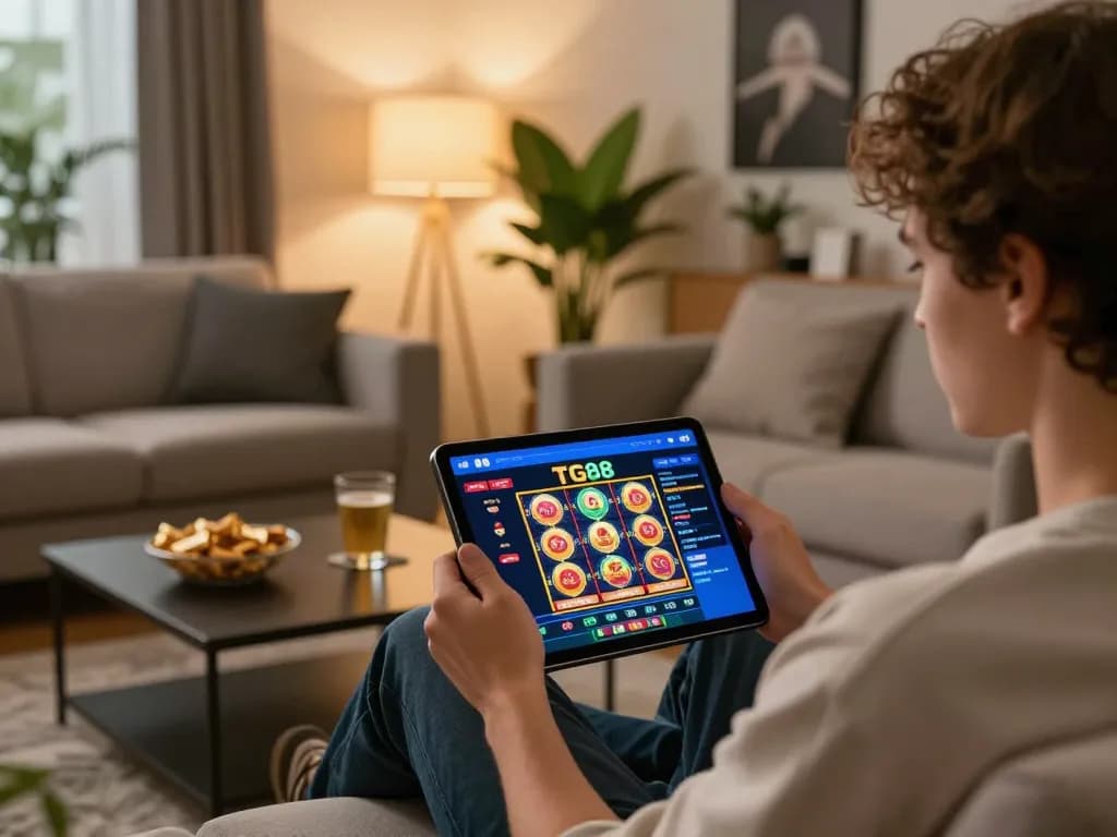 TG88 user enjoying online gaming on tablet in a cozy living room setting