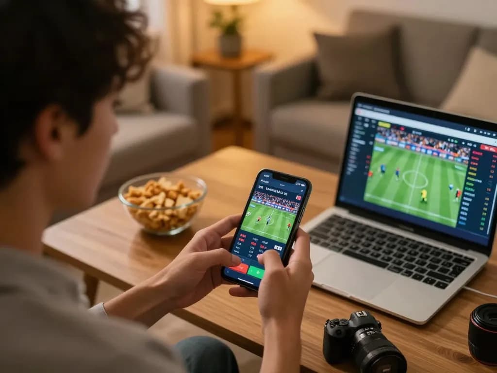 Engaged bettor using five88 app for live sports betting on smartphone in a cozy home setting.