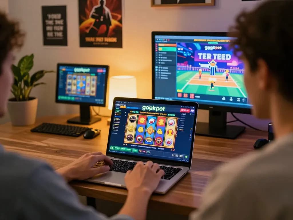 Engaging home scene with gojekpot online gaming interface and colorful slot reels