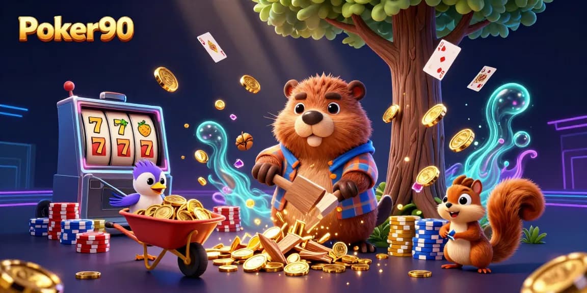 Experience the vibrant excitement of Poker90 with a 3D beaver character amidst golden coins and slot elements.