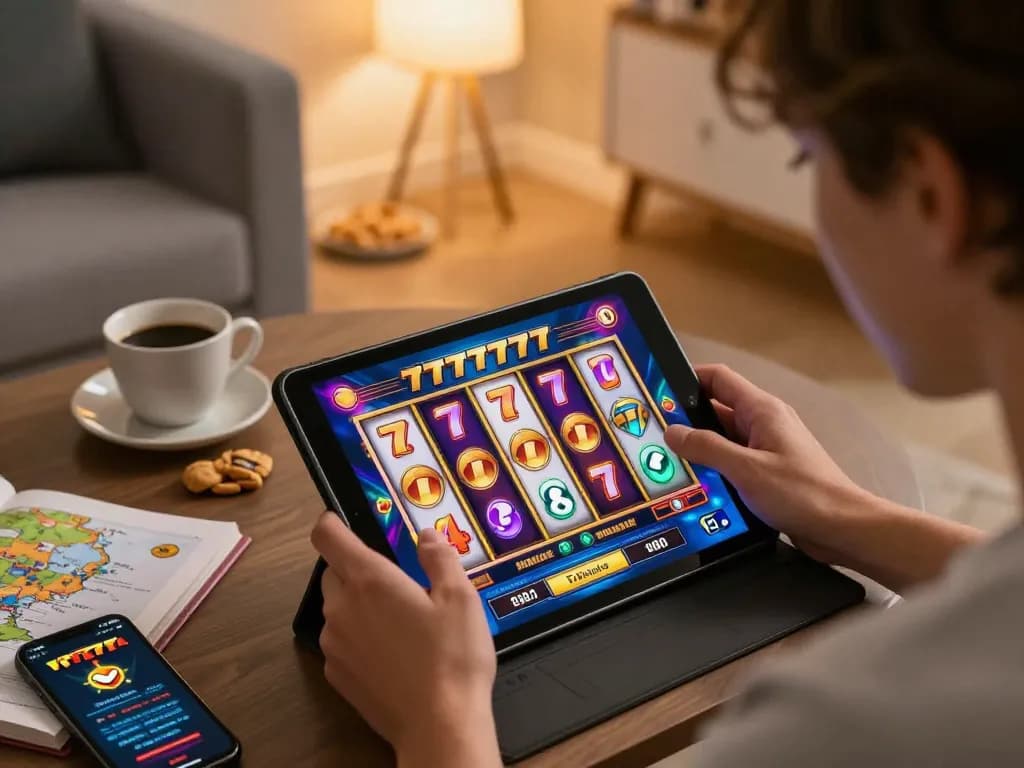 Playing slot777 on a tablet in a warm home environment with snacks and a strategy guide.