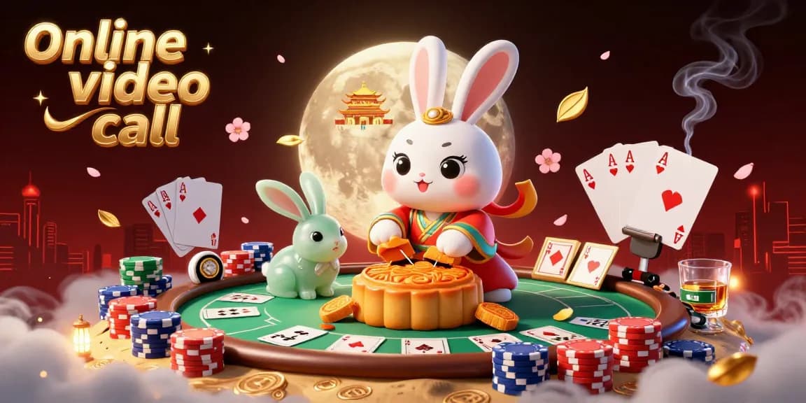 Engage in an online video call with lively characters in a casino-themed illustration packed with poker elements.