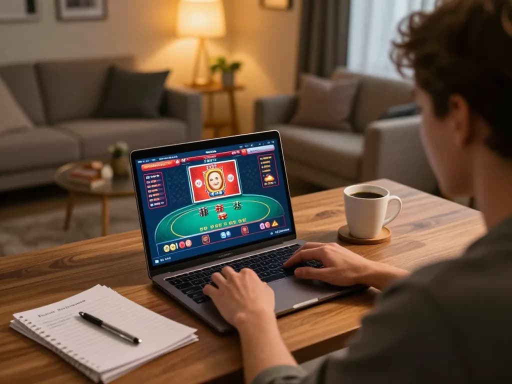 A player engaging in a live poker game on viral4d online platform, illuminating strategic gameplay at home desk.