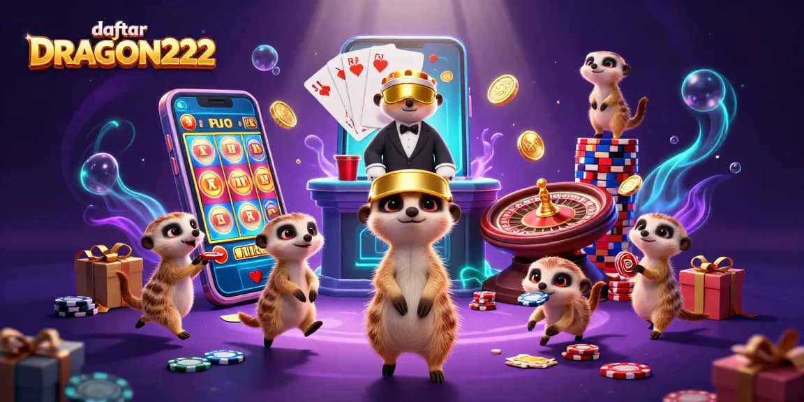 Experience the excitement of daftar DRAGON222 with meerkats operating a vibrant virtual casino scene.