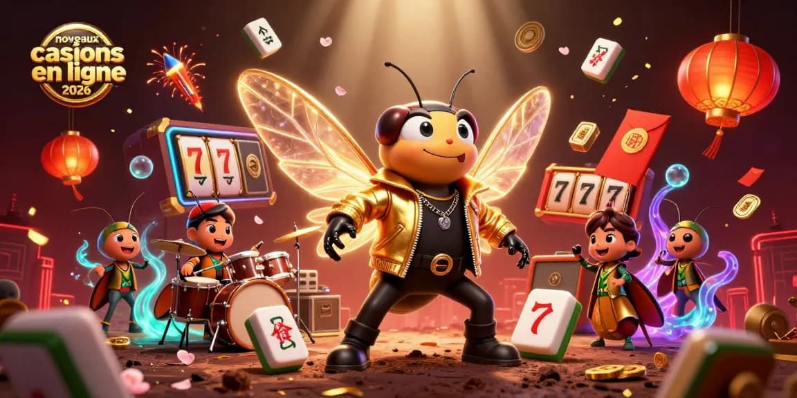 Illustration captivante des nouveaux casinos en ligne 2026 avec un rockeur aux ailes électriques, mais aussi des éléments de jeu, pour gagner gros.