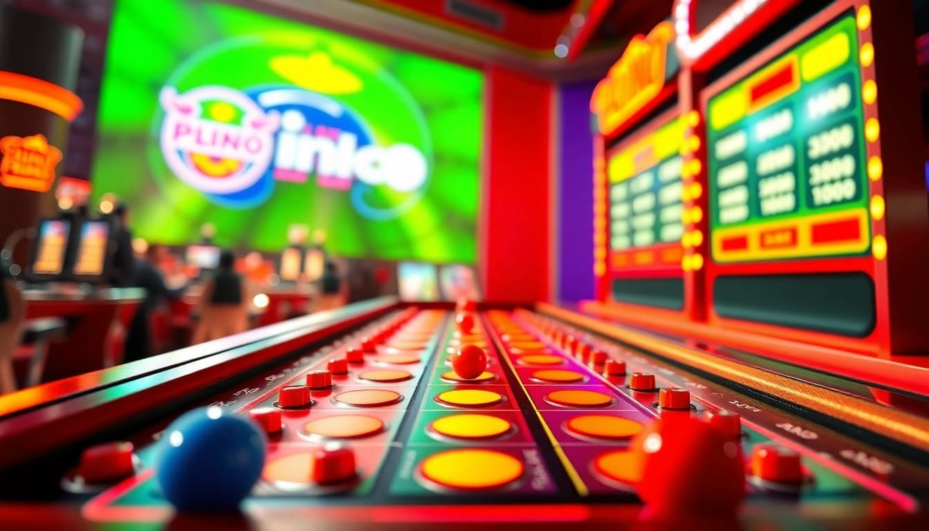 Permainan situs plinko dengan bola yang meluncur dan papan berwarna cerah di latar belakang kasino online.