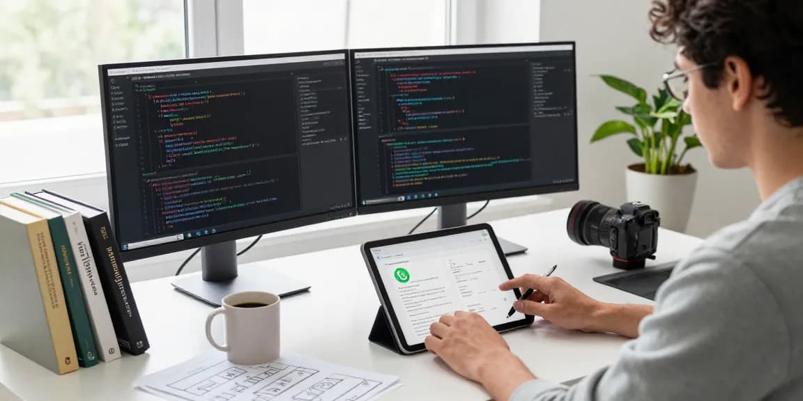 Creative workspace scene with WhatsApp下載 mobile app development, dual screens with code, and bright natural light.