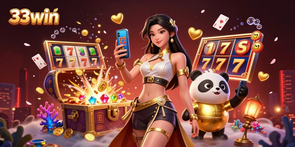 Join the excitement of 33win with an elegant Asian woman and a playful panda mascot amidst casino games.