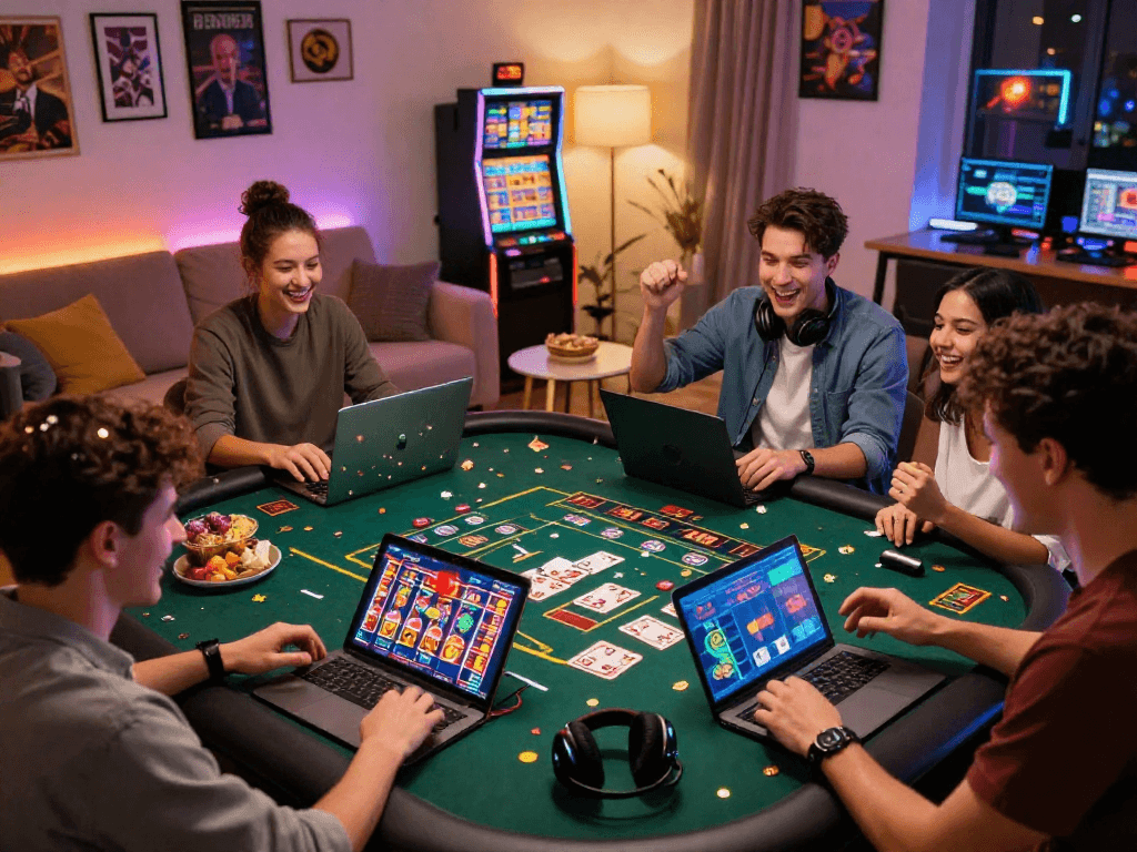 Exciting scene of players enjoying a european online casino for UK players at home, celebrating wins and engaging with colorful virtual games.