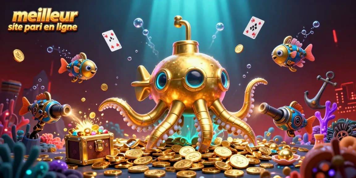 Plongez dans l'univers du meilleur site de pari en ligne avec une illustration captivante mêlant des créatures marines et des éléments de jeu.