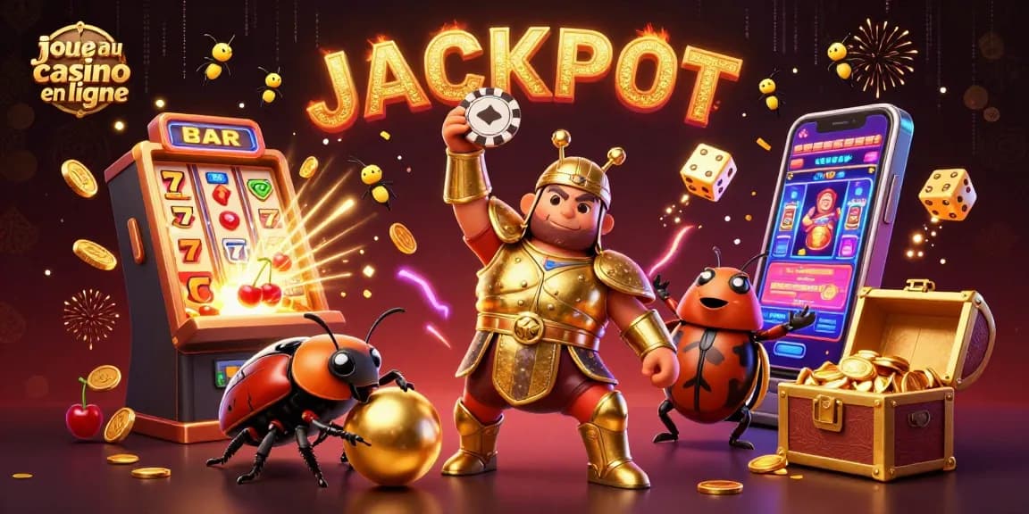 Jouer au casino en ligne avec un scarabée herculéen victorieux entouré de symboles de jeux.