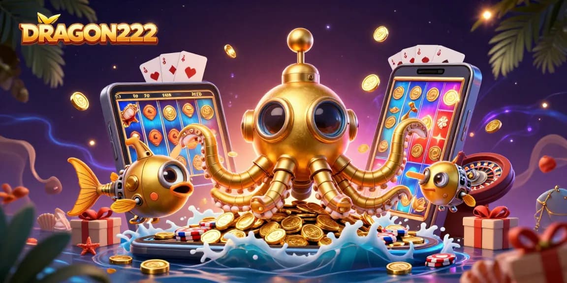 Experience thrilling gameplay with DRAGON222's slot games and golden treasure in this vivid illustration.